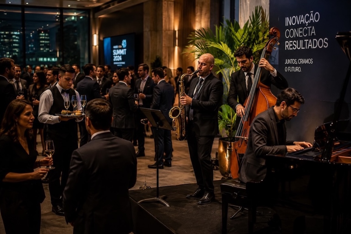 Trio instrumental da MPE em evento corporativo com convidados