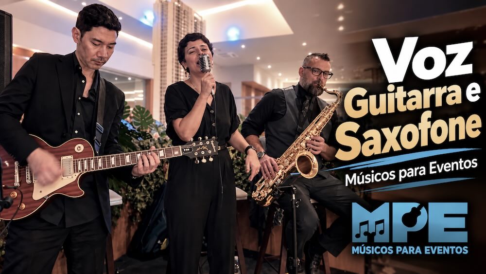 Trio de voz, guitarra e saxofone em evento imobiliário na Arena EZtec